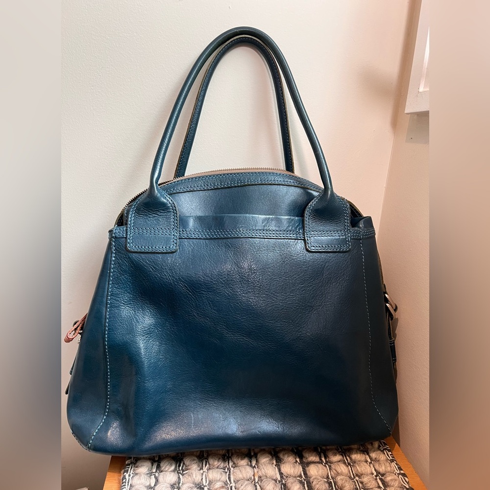 Orla Kiely large blue leather satchel purse tote red embroidery flower - Picture 12 of 14